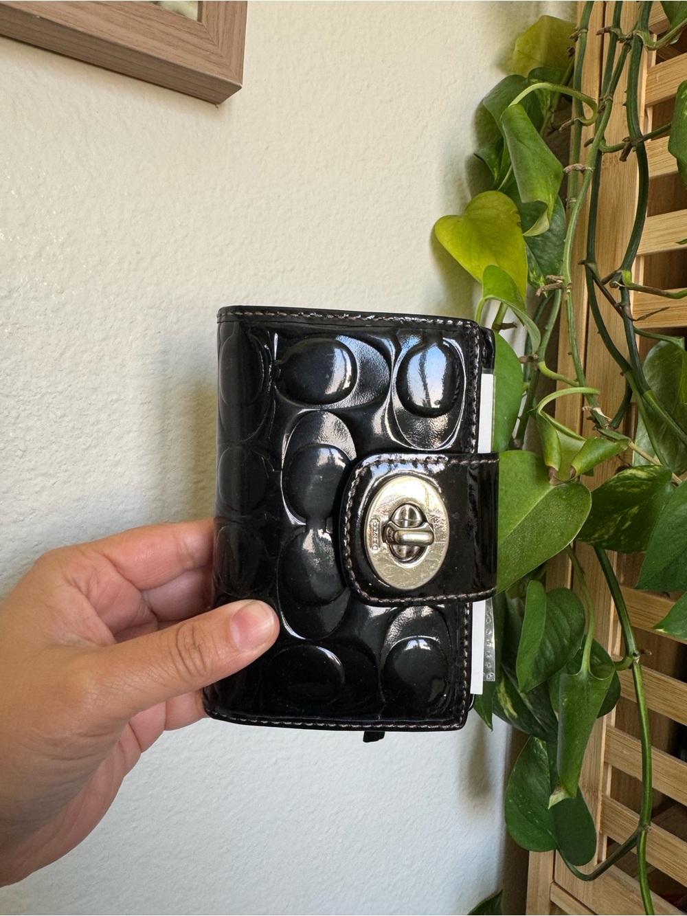 Black Coach Patent Wallet with Turnlock Closure